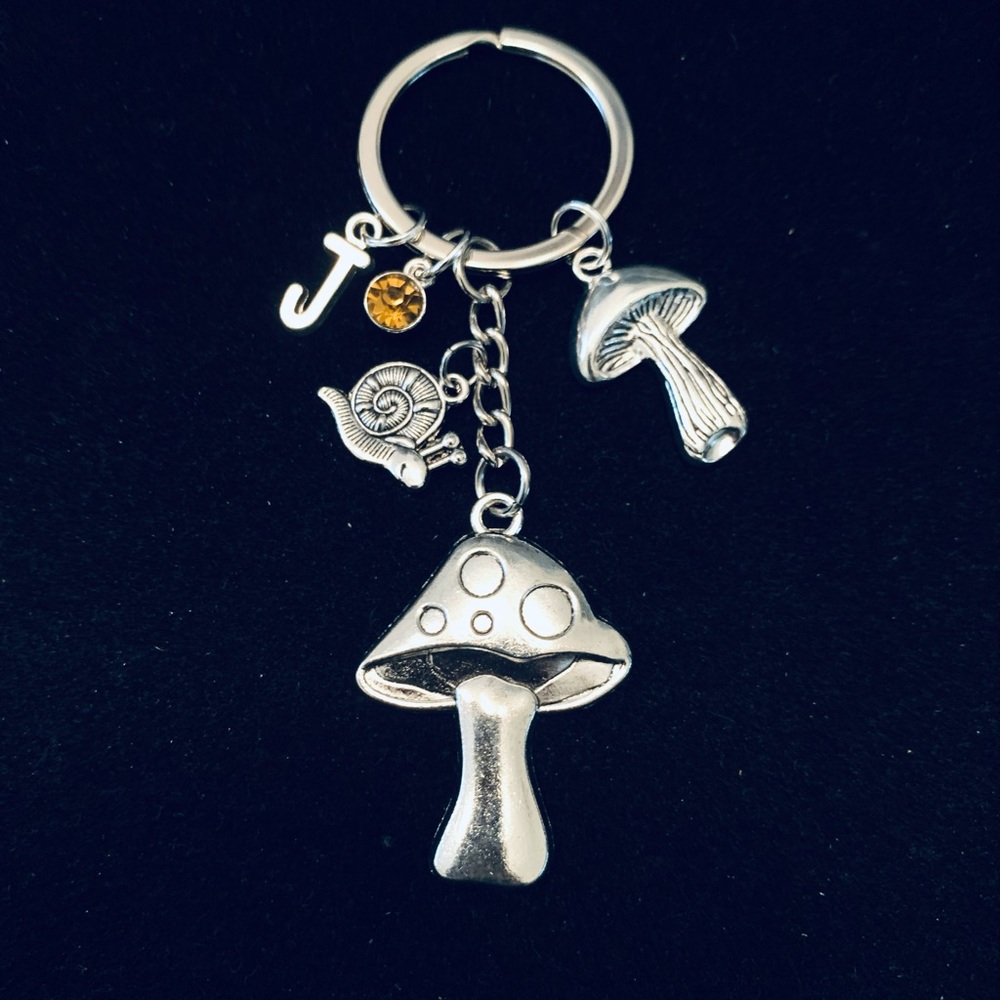 Mushroom and snail themed keychain personalized